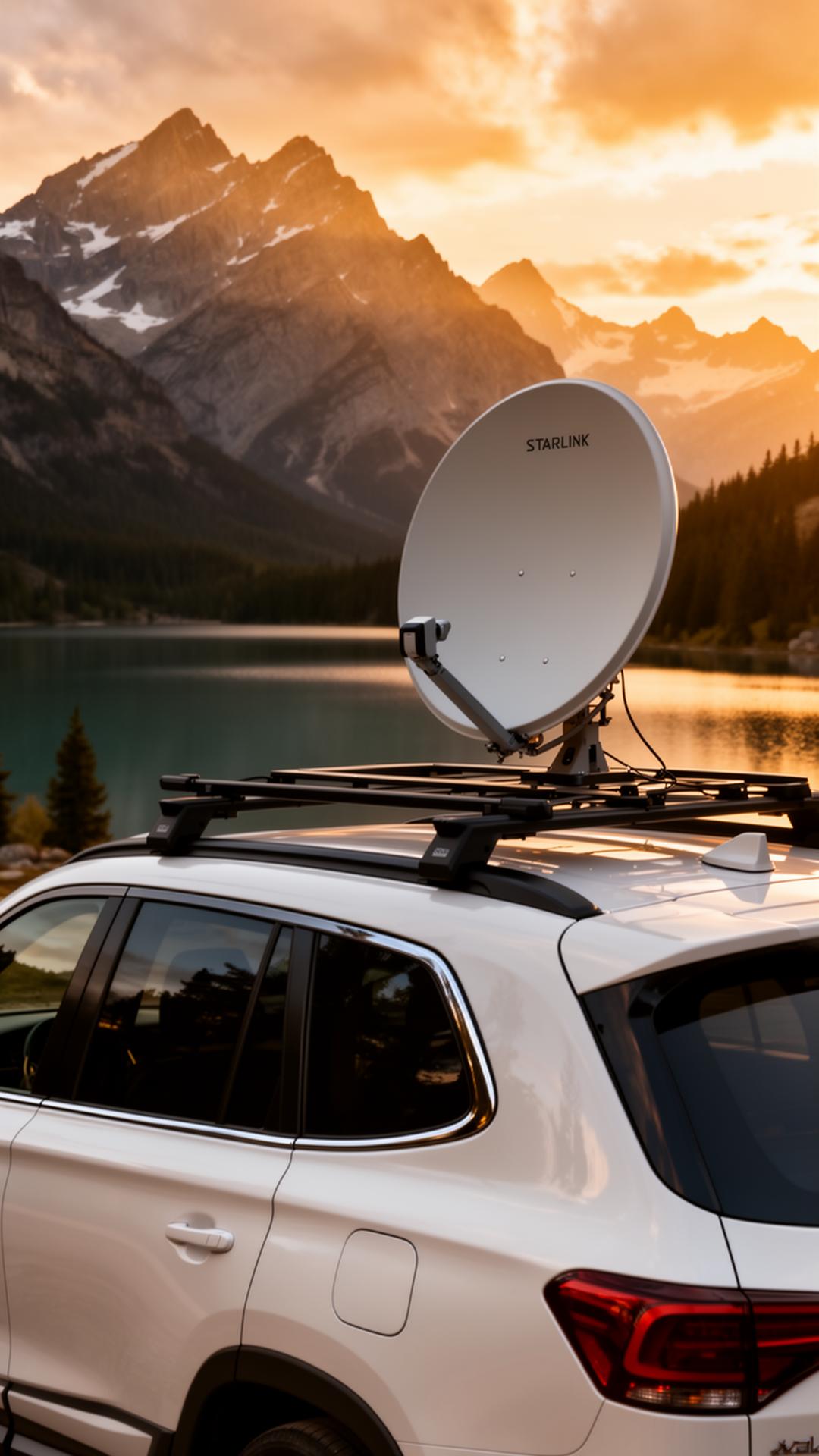 Antena Starlink instalada sobre veículo nas montanhas